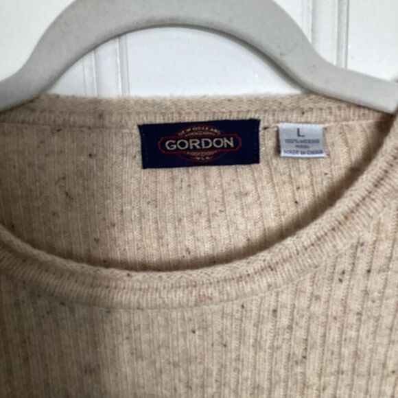 New Orleans Gordon Mens 100% Merino Wool Sweater Sz L Ribbed Speckled Beige - Picture 2 of 7